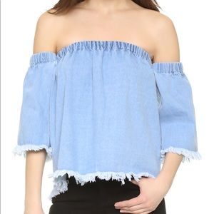 J.O.A Frayed Denim Cold Shoulder Blouse